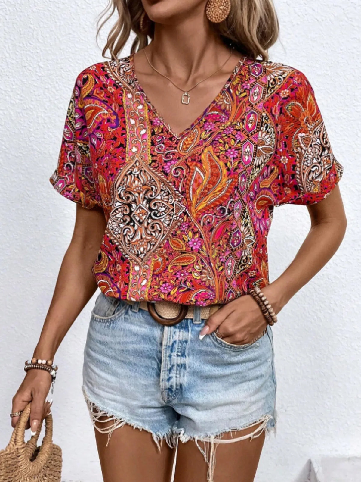Bohemian Paisley Print V-neck Short Sleeve T-shirt (12)