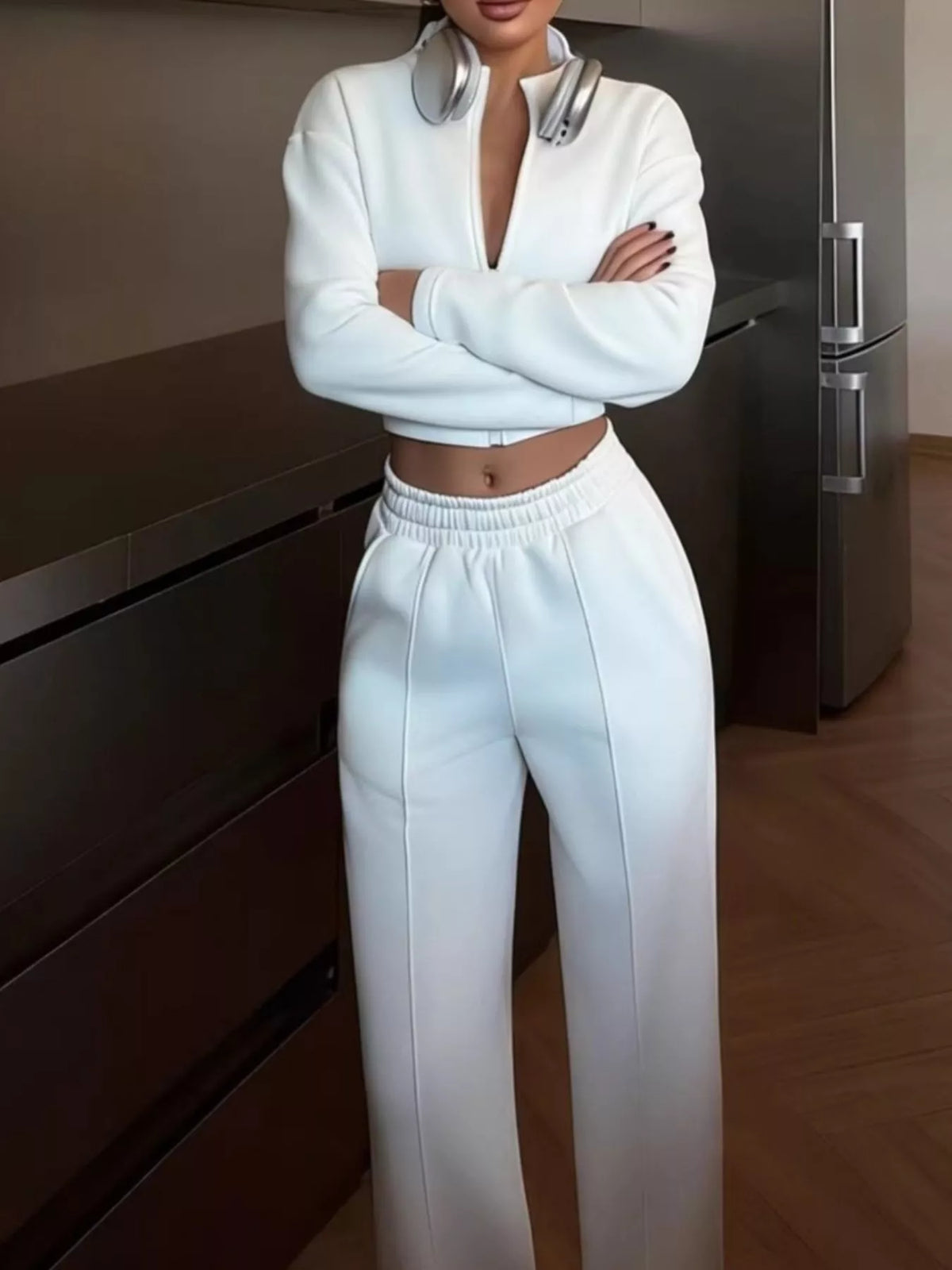 Zip-up Crop Jacket Wide-leg Pants Set (26)