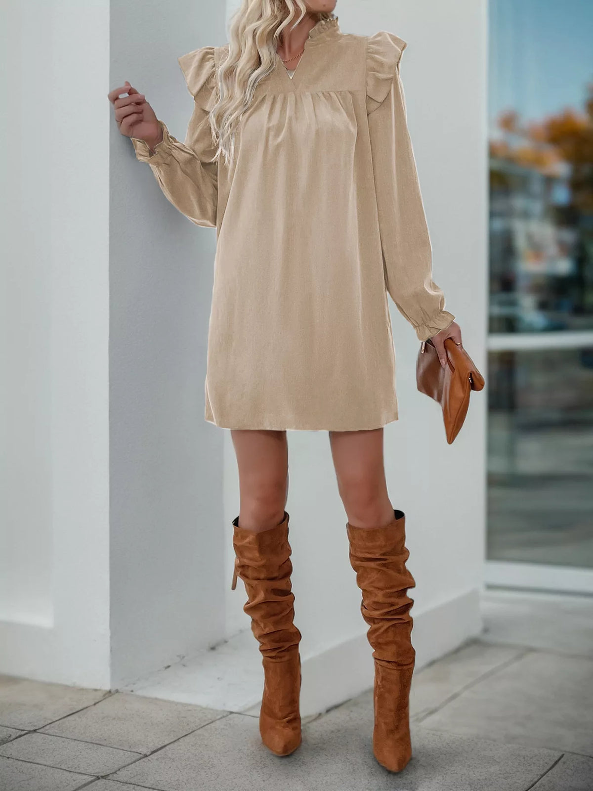 Ruffled Notched Long Sleeve Dress (3)