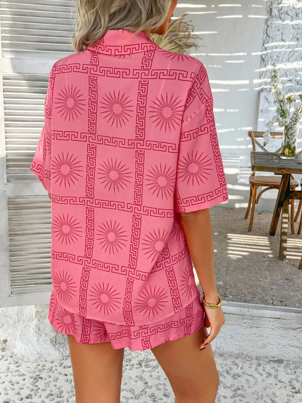 Printed Button Down Shirt Shorts Set (17)