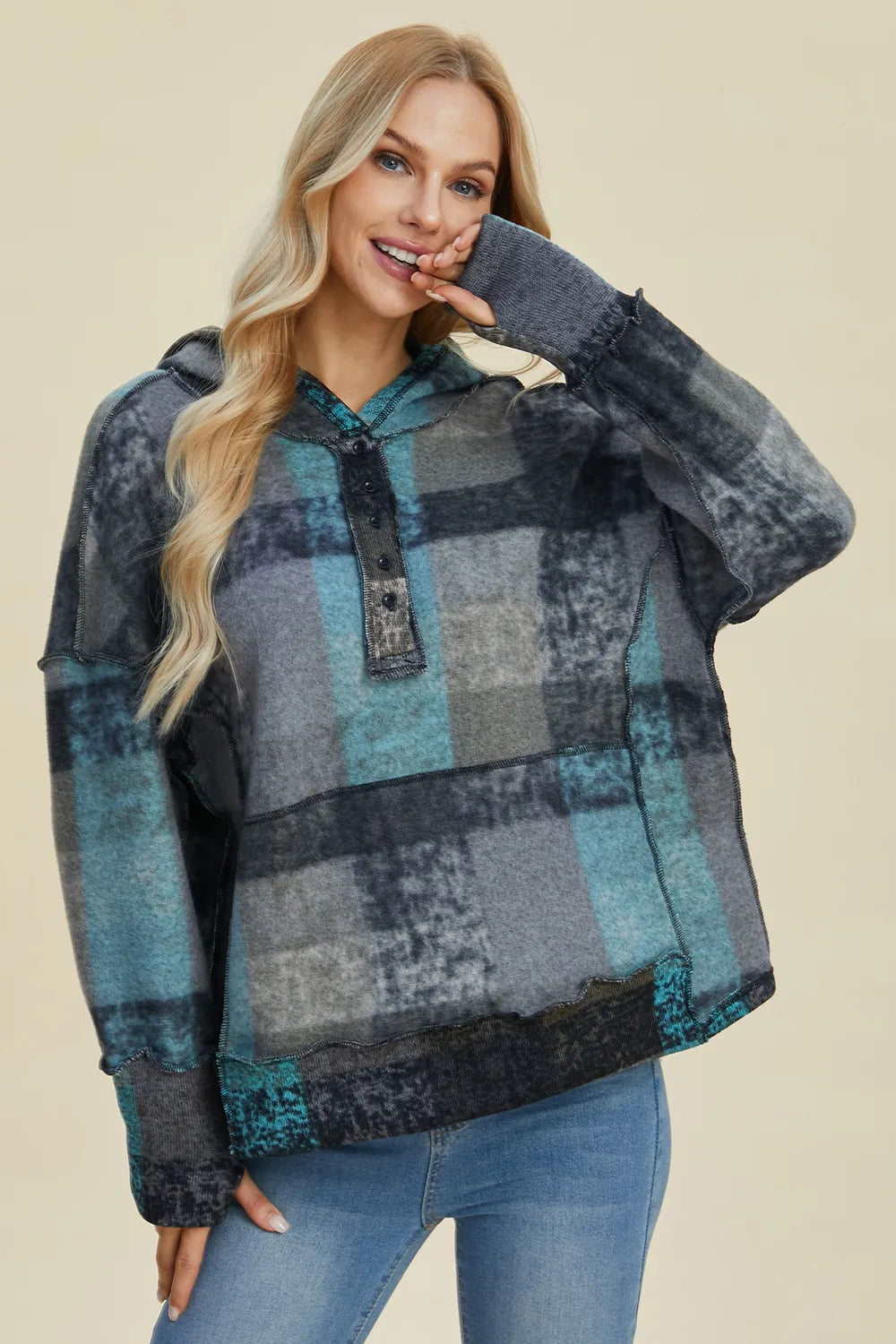 Full Size Plaid Dropped Shoulder Fleece Hoodie Plus (7)