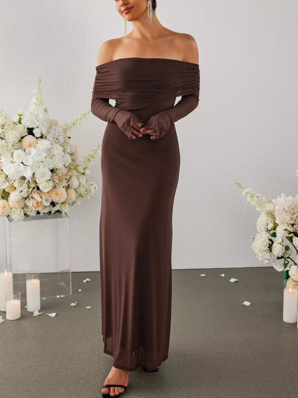 Off-shoulder Ruched Long Sleeve Maxi Dress (19)