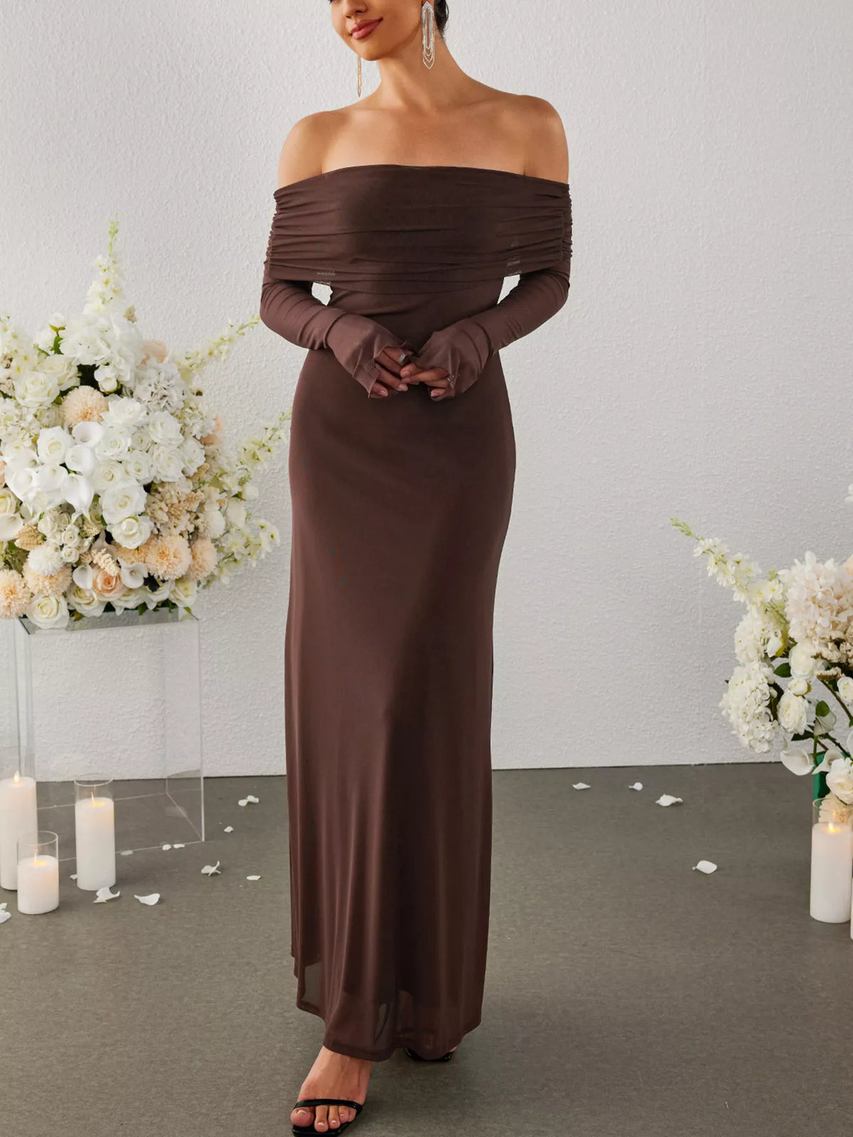 Off-shoulder Ruched Long Sleeve Maxi Dress (19)