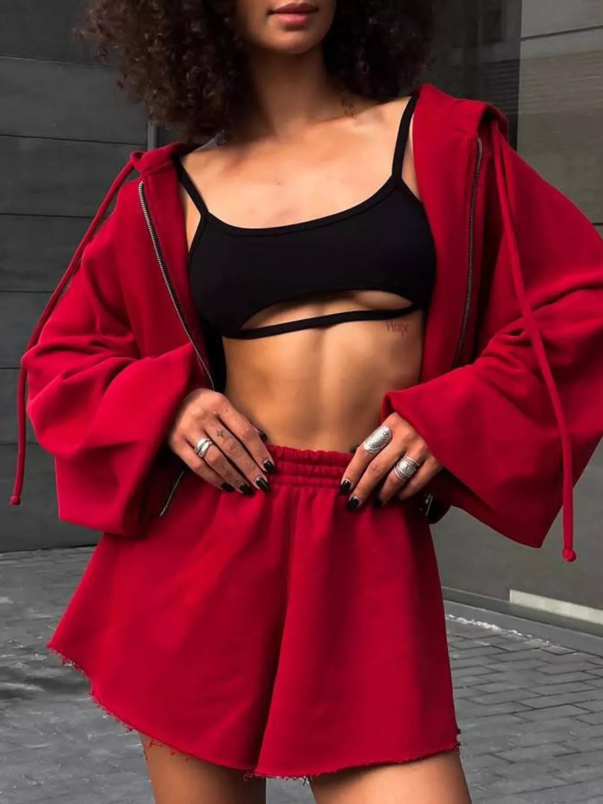 Zip Up Long Sleeve Outerwear Shorts Set (19)