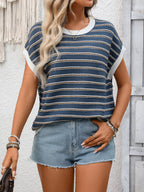 Striped Round Neck Short Sleeve Sweater (7)