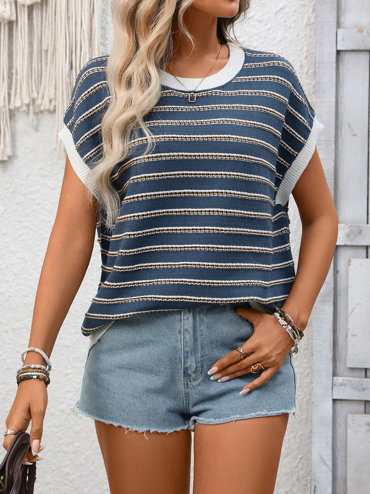 Striped Round Neck Short Sleeve Sweater (7)