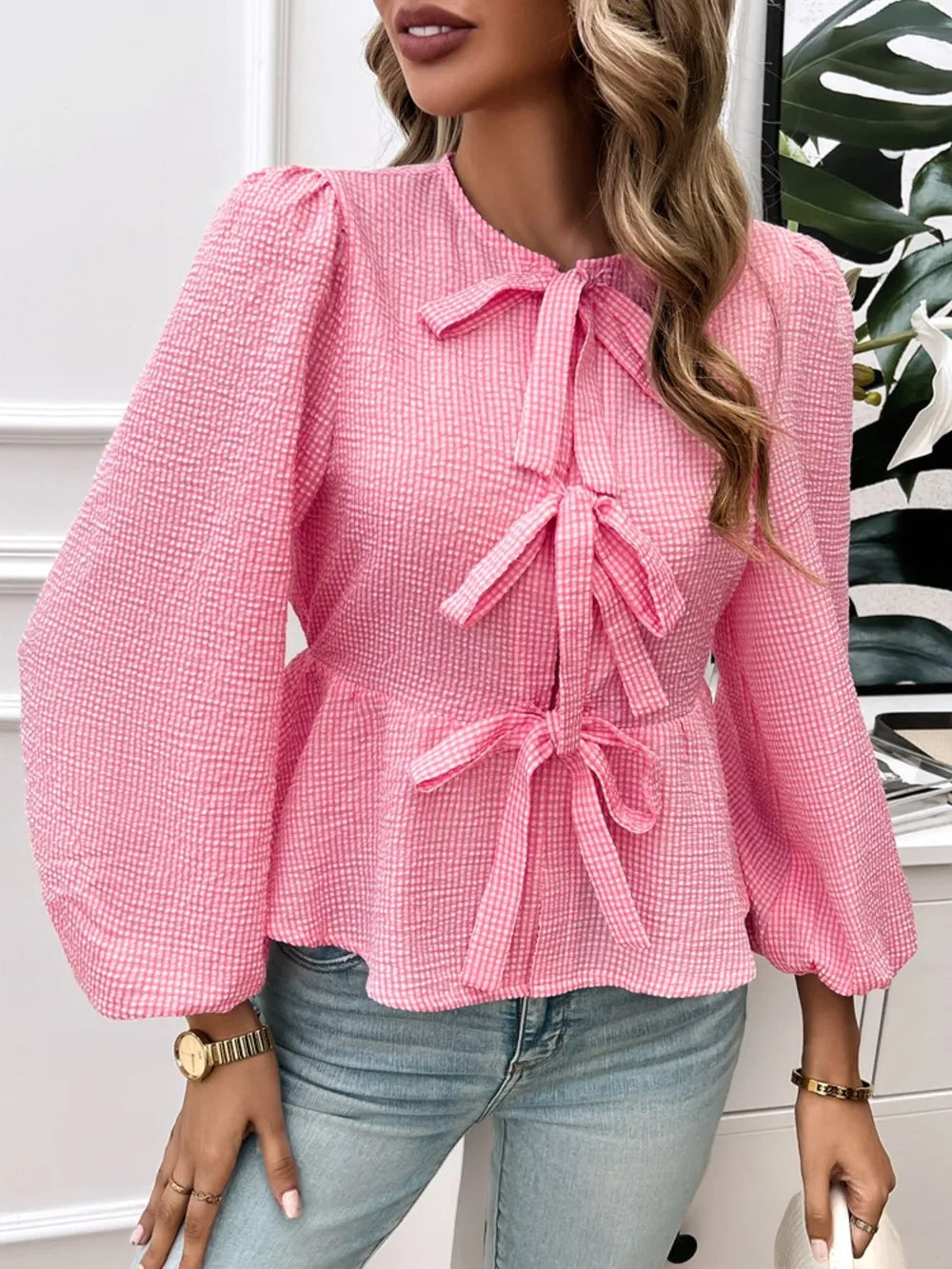 Tied Round Neck Long Sleeve Blouse (12)