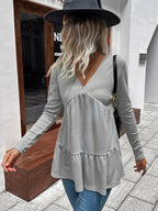 Waffle-knit V-neck Long Sleeve Blouse (5)