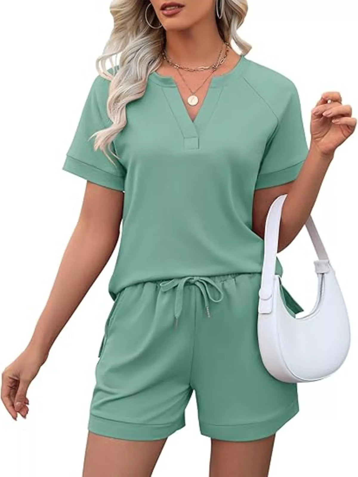 Solid Color Short Sleeve Top Shorts Two-piece Set (22)