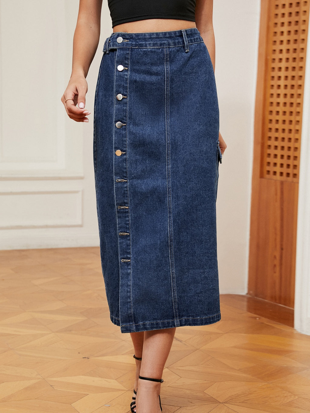 Button Down Midi Denim Skirt (3)