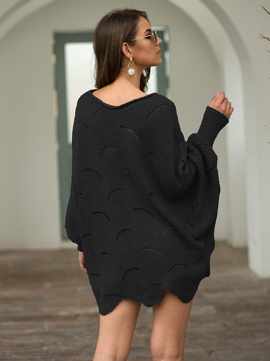 Full Size Boat Neck Lantern Sleeve Openwork Knit Top (15)