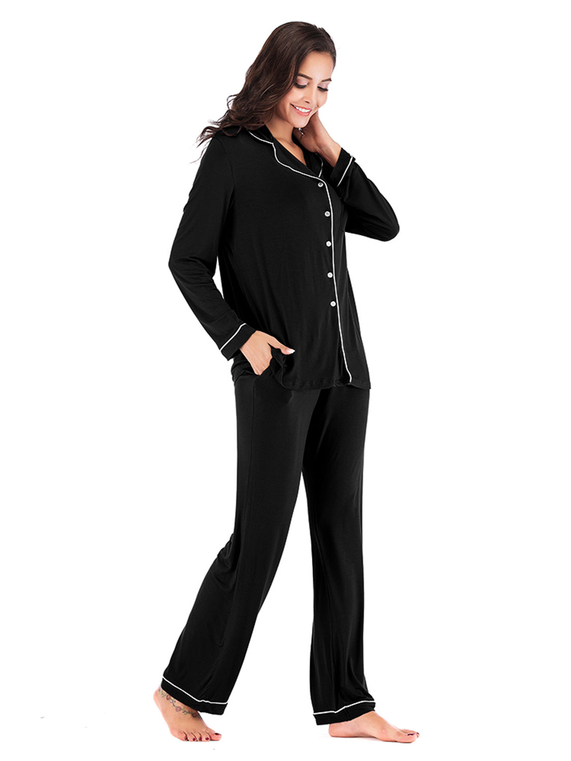 Collared Neck Long Sleeve Loungewear Set Pockets (14)