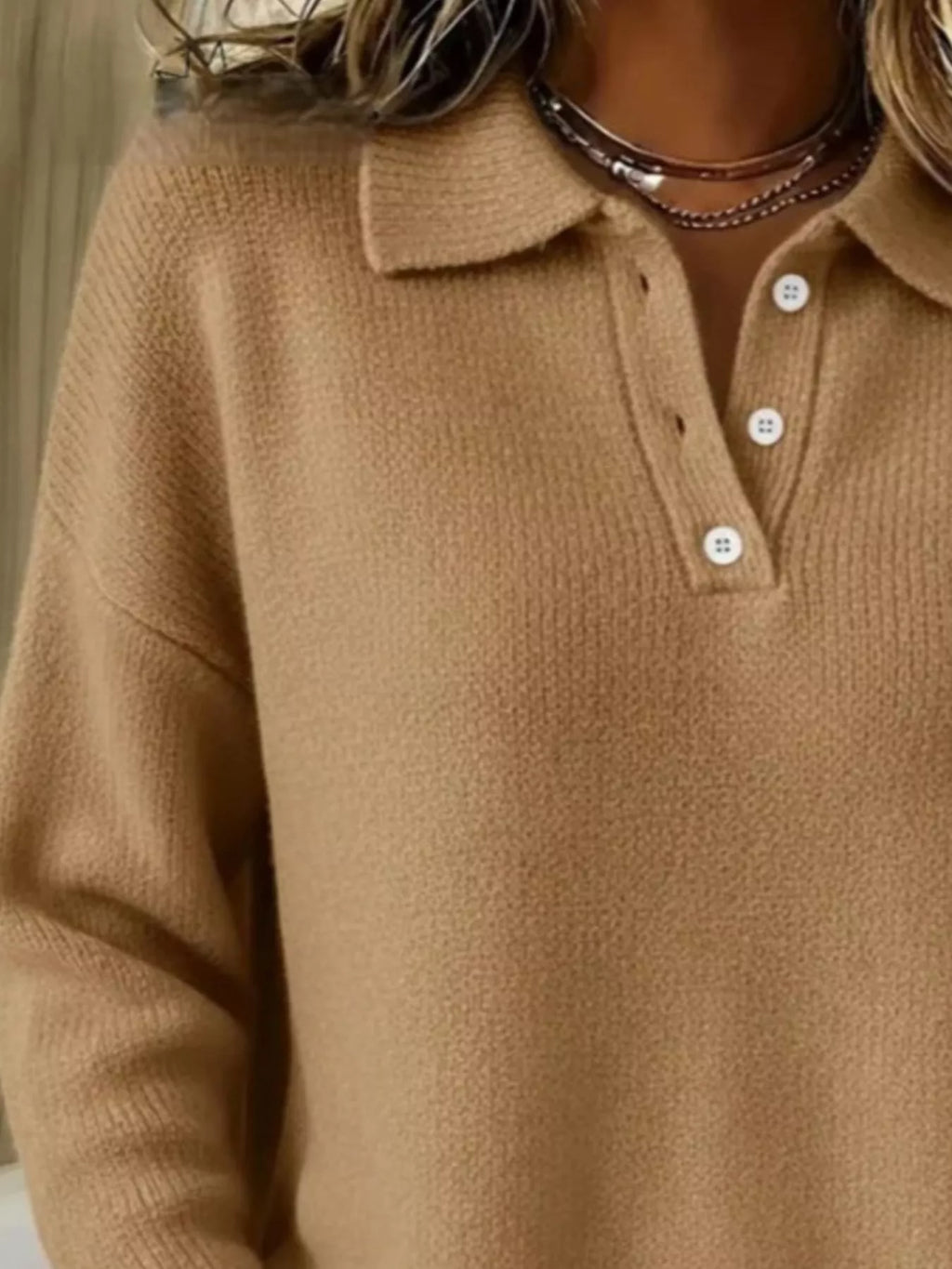 Full Size Half Button Collar Drop Shoulder Sweater Plus (4)