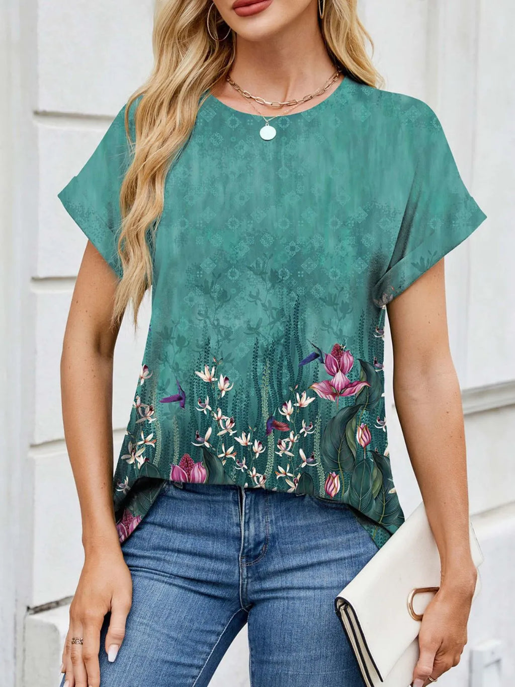 Printed Round Neck Short Sleeve Top (14)