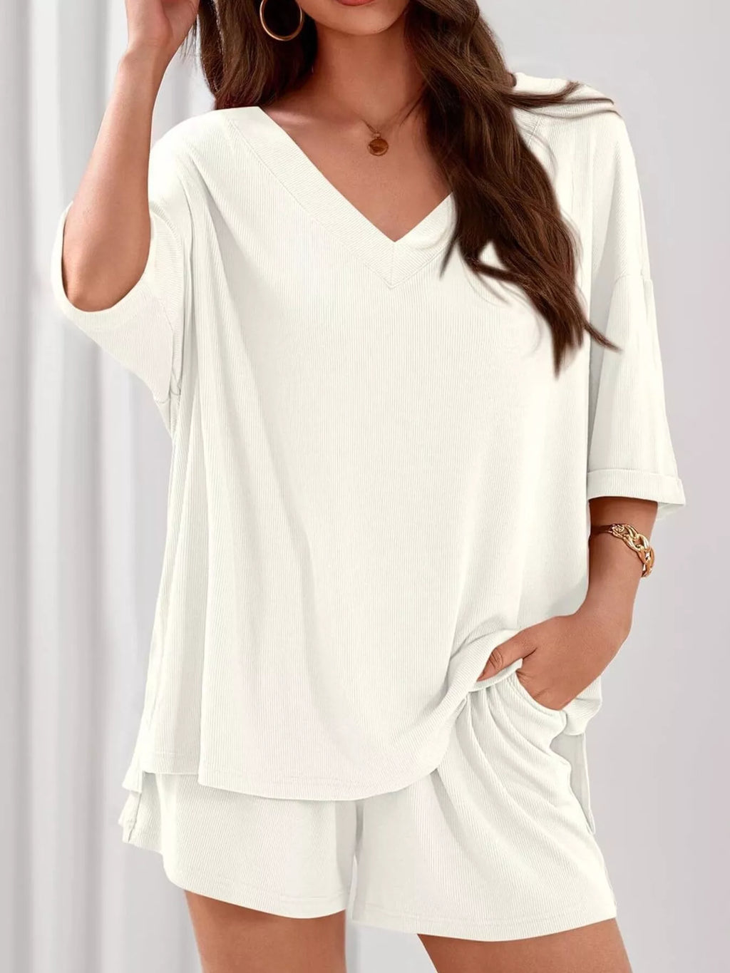 Casual Solid Color V-neck Top Shorts Set (26)