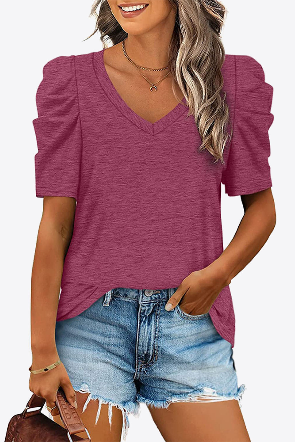 V-neck Puff Sleeve Tee (13)