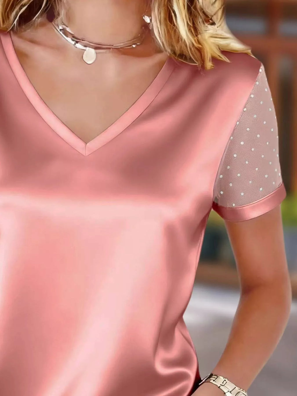 Polka Dot Mesh Sleeve Satin Short Sleeve Top (12)
