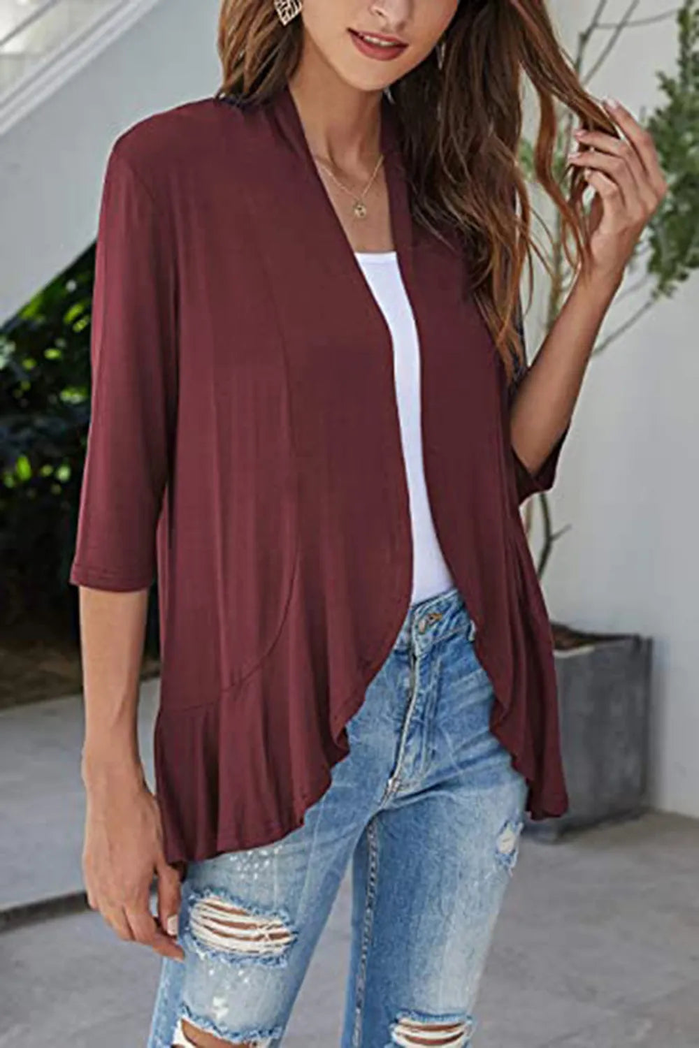 Open Front Three-quarter Sleeve Cardigan (13)