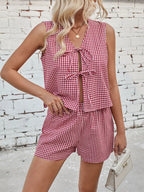 Gingham Print Tie Front Top Shorts Set (13)