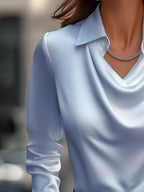 Ruched Long Sleeve Drape Collar Blouse (12)