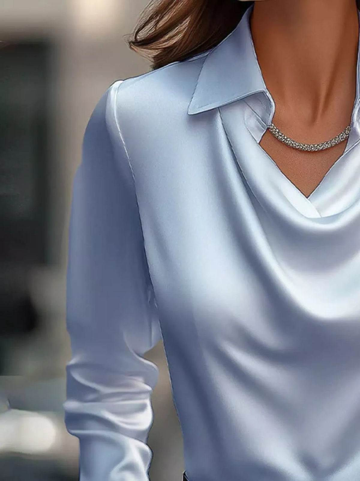 Ruched Long Sleeve Drape Collar Blouse (12)