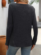 Ribbed Knit Long Sleeve Button Detail T-shirt (17)