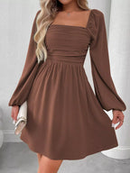 Ruched Square Neck Long Sleeve A-line Dress (17)