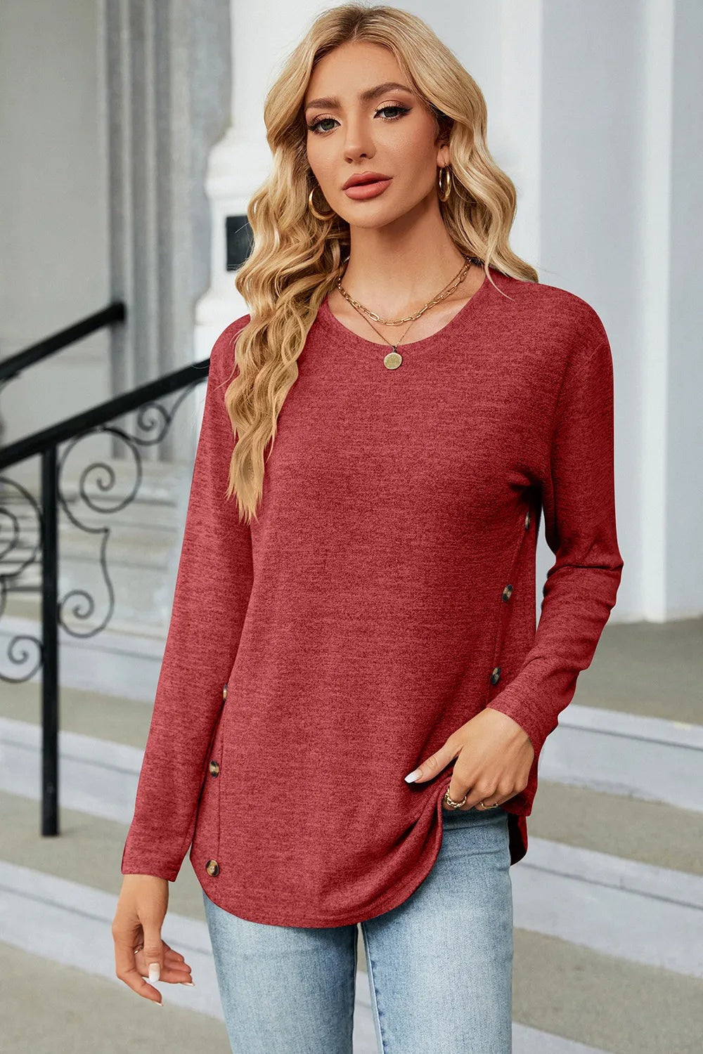 Decorative Button Round Neck T-shirt