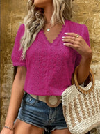 Full Size Eyelet V-neck Short Sleeve Blouse Plus (3)