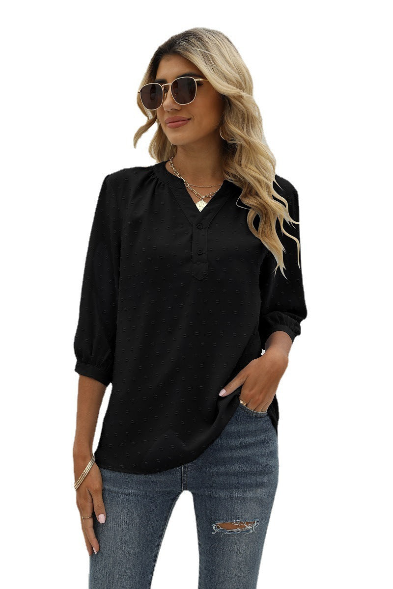 Swiss Dot Notched Neck Three-quarter Sleeve Blouse (10)