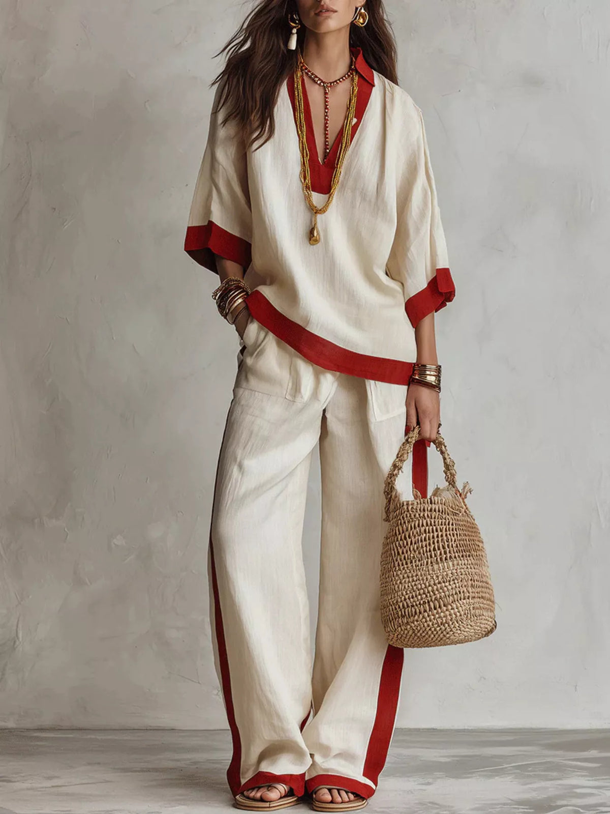 Full Size Contrast Trim Top Wide Leg Pants Set Plus