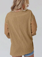 Round Neck Striped Long Sleeve Slit T-shirt (10)