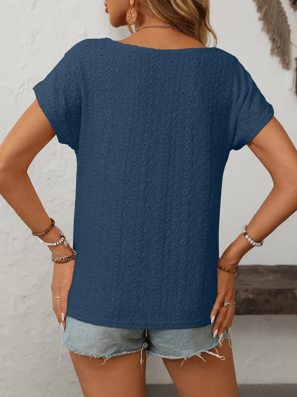 Eyelet Round Neck Short Sleeve Top (29)