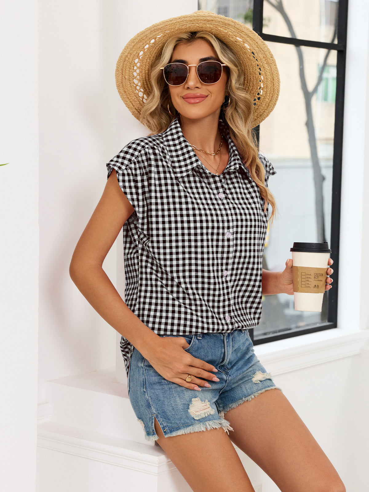Plaid Button Up Cap Sleeve Shirt (16)