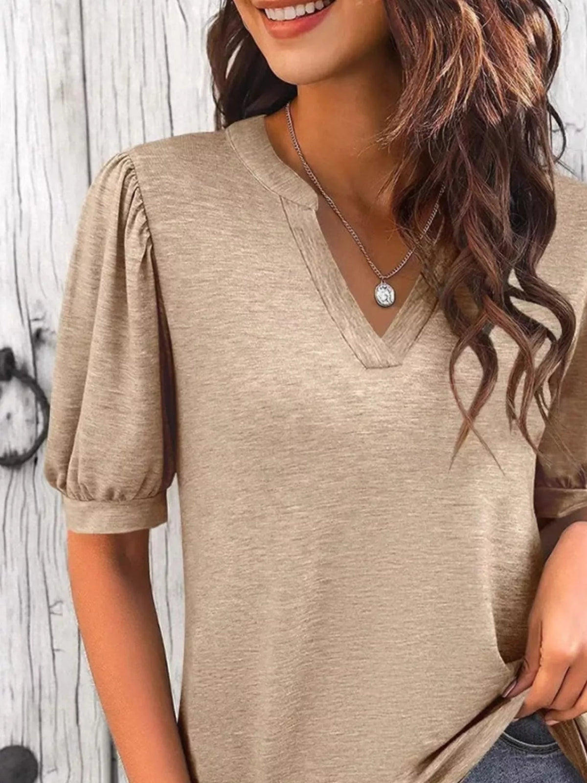 Puff Sleeve Notched Casual T-shirt (3)