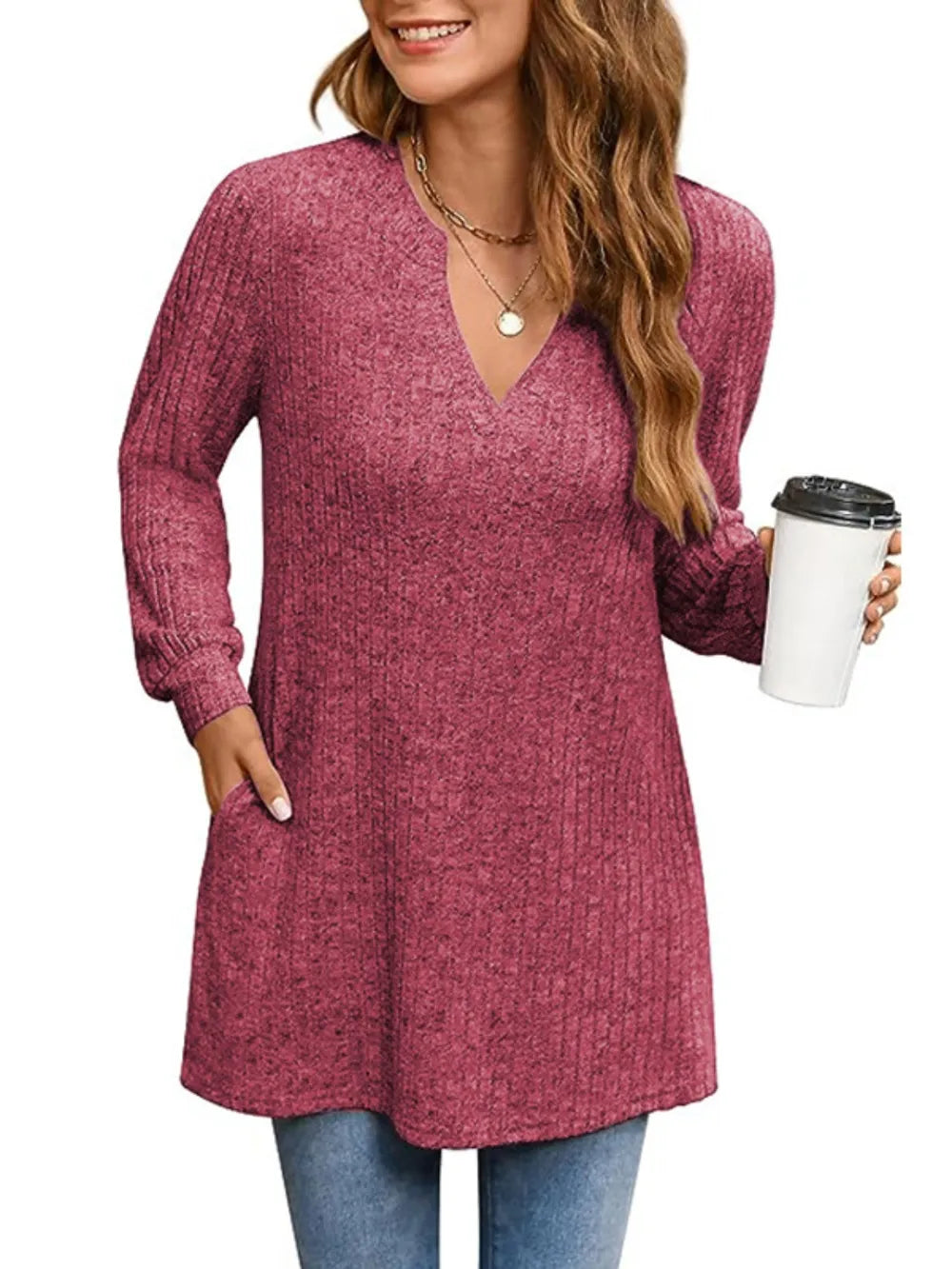 Ribbed Notched Long Sleeve T-shirt (9)