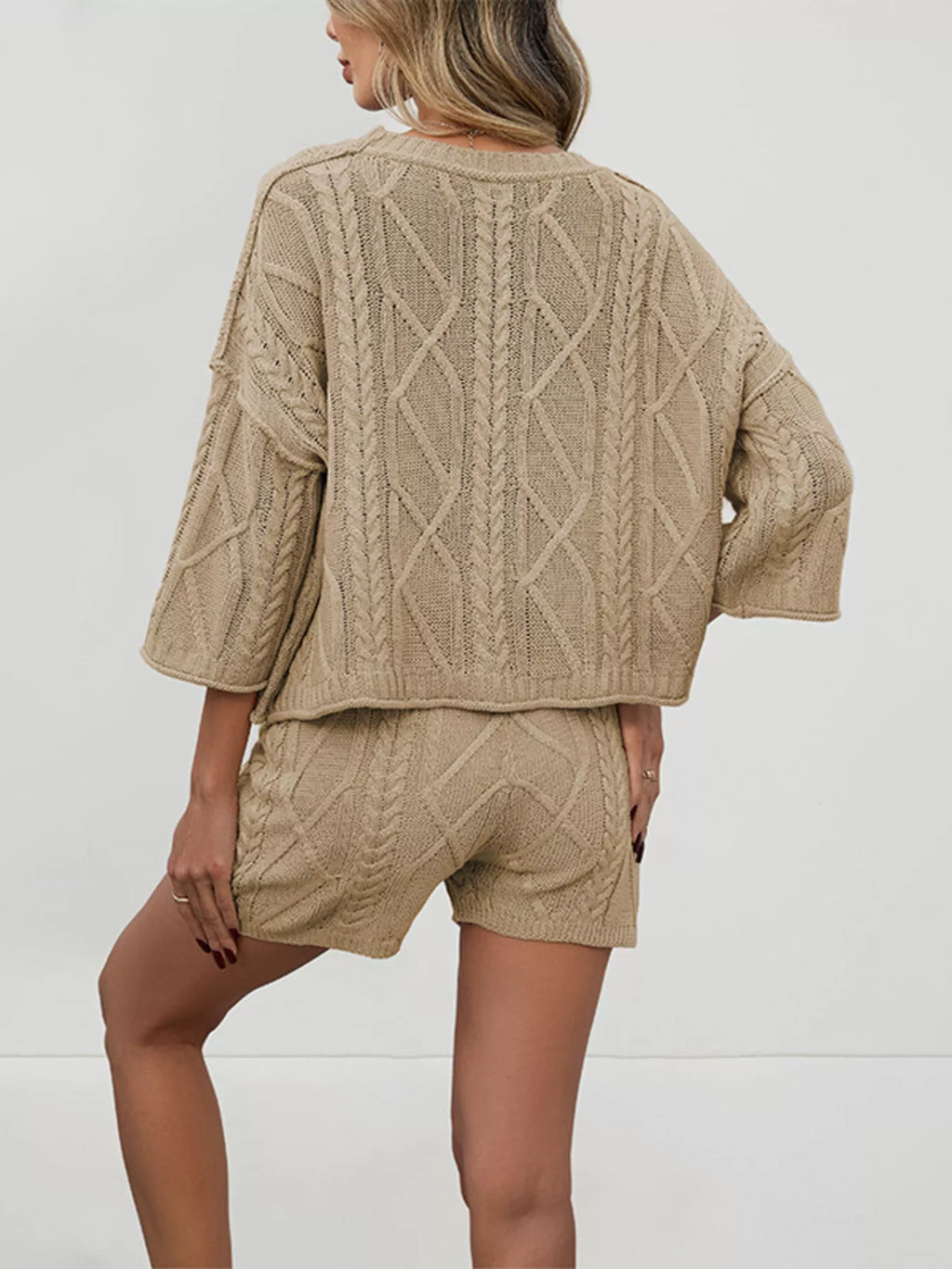 Cable Knit Round Neck Top Shorts Sweater Set (4)