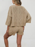 Cable Knit Round Neck Top Shorts Sweater Set (4)