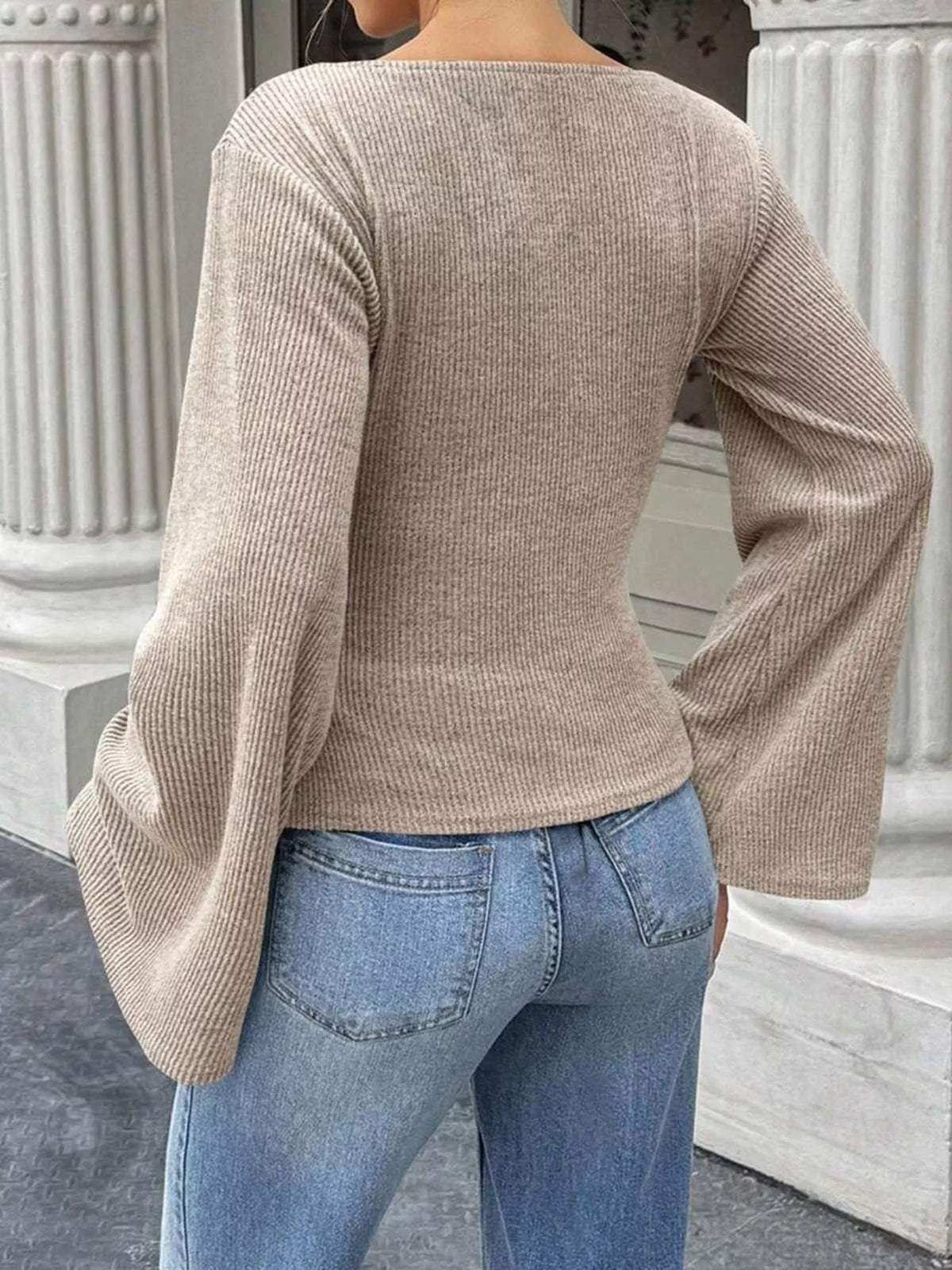 Ribbed Flare Sleeve Top Ruched Detail (9)