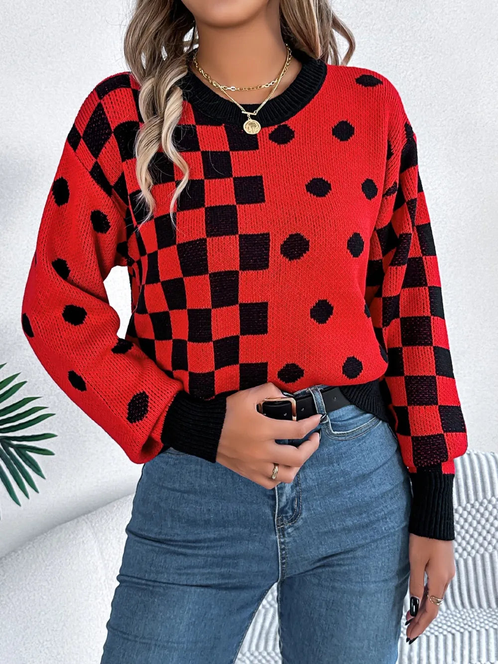 Plaid Round Neck Long Sleeve Sweater (9)