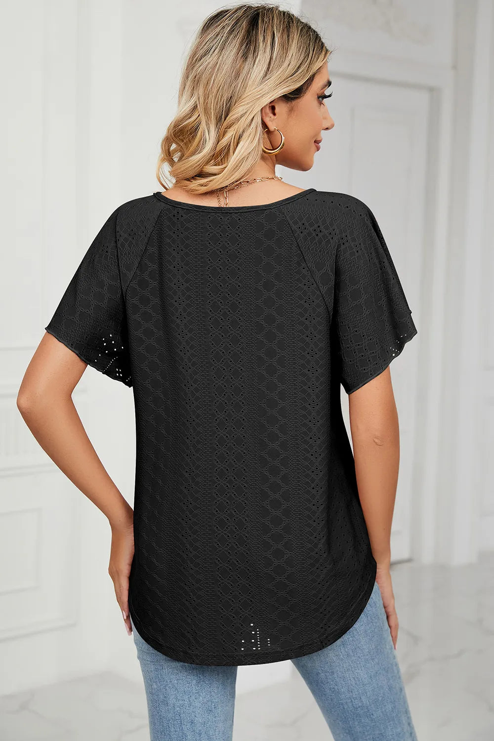 Eyelet Tie Neck Flutter Sleeve Blouse (14)