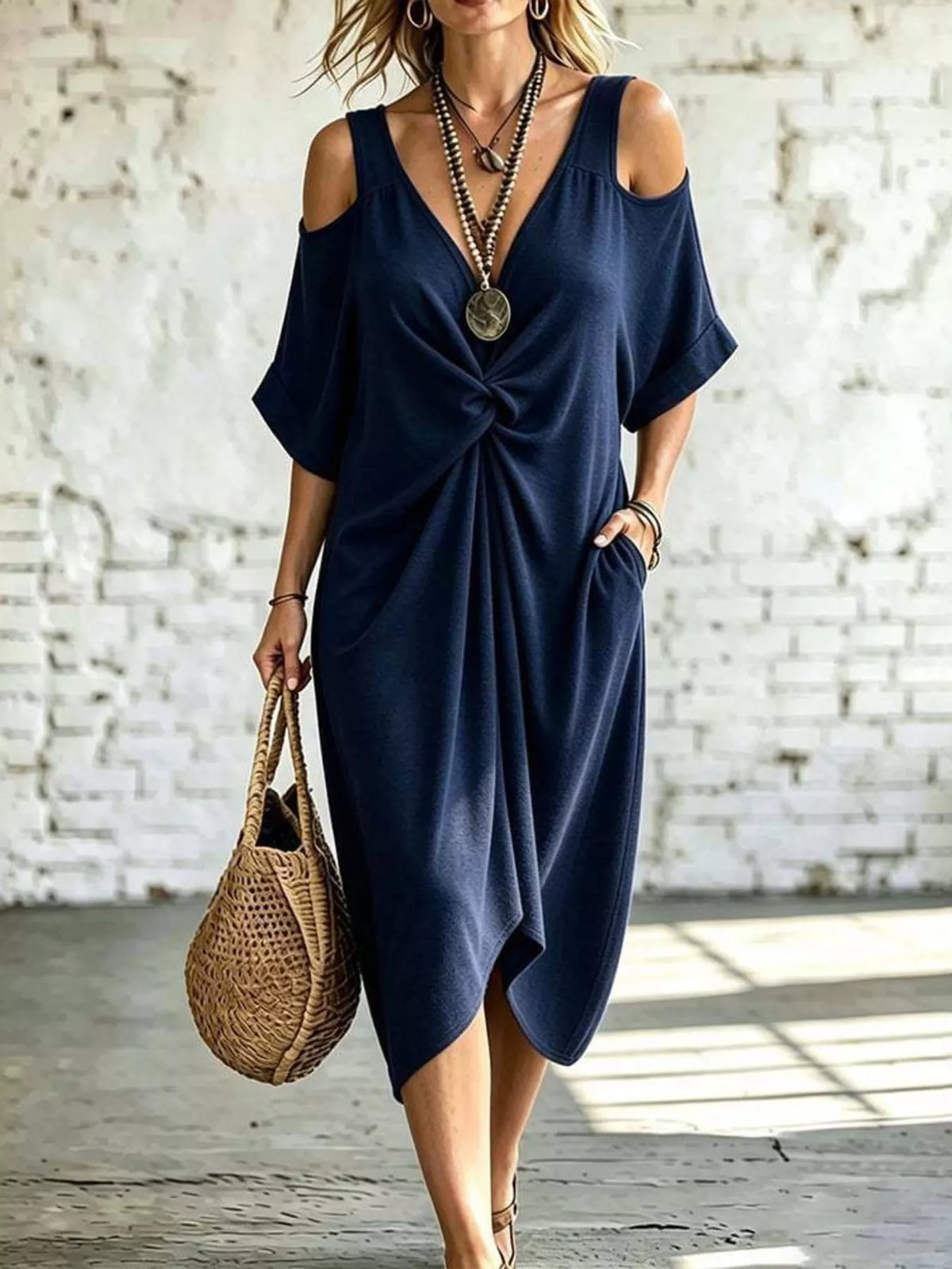 Full Size Cold Shoulder Twist Front Midi Dress Plus (5)