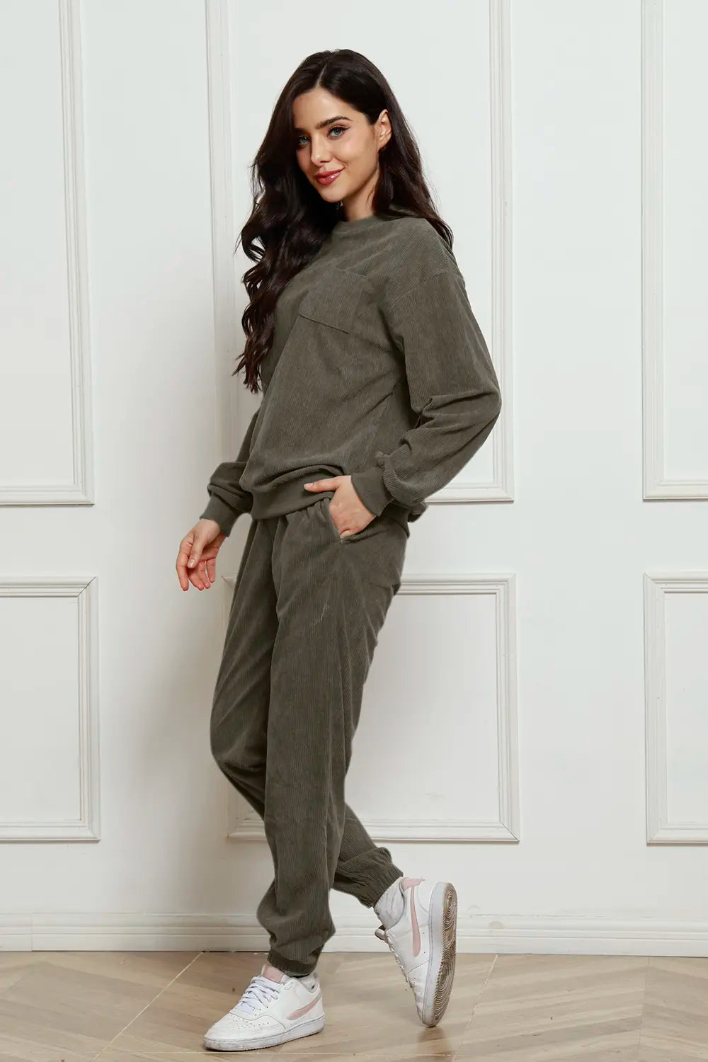Corduroy Round Neck Sweatshirt Sweatpants Set (17)