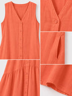 Full Size V-neck Button Front Sleeveless Midi Dress Plus (35)
