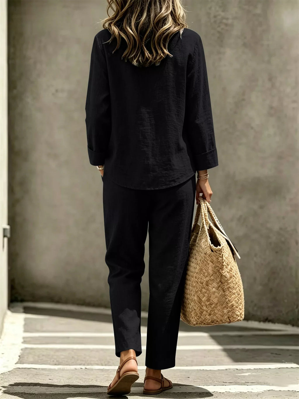 Button Detail Long Sleeve Top Pants Set (8)