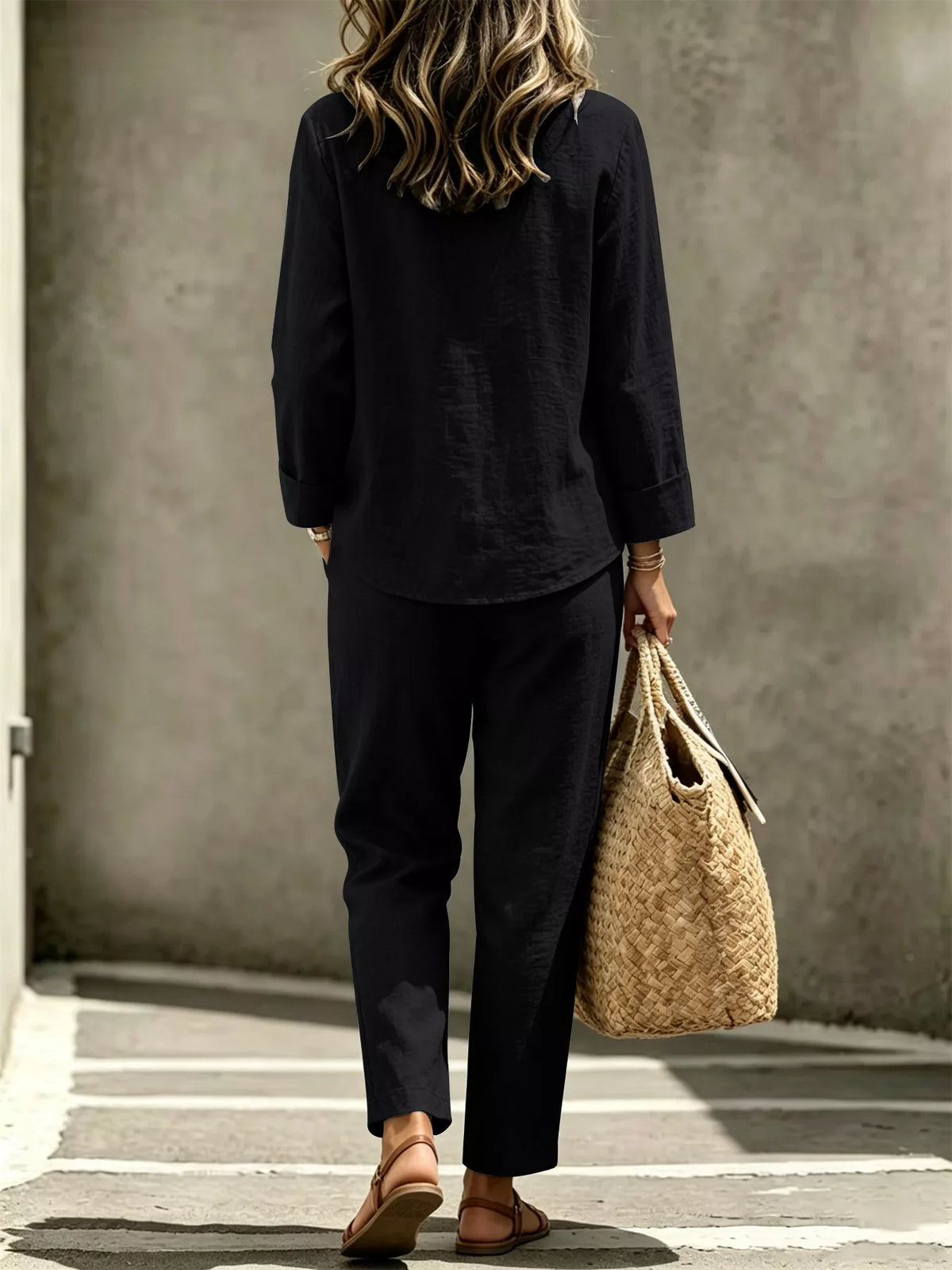 Button Detail Long Sleeve Top Pants Set (8)