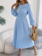 Smocked Pleated Long Sleeve Midi Dress (16)