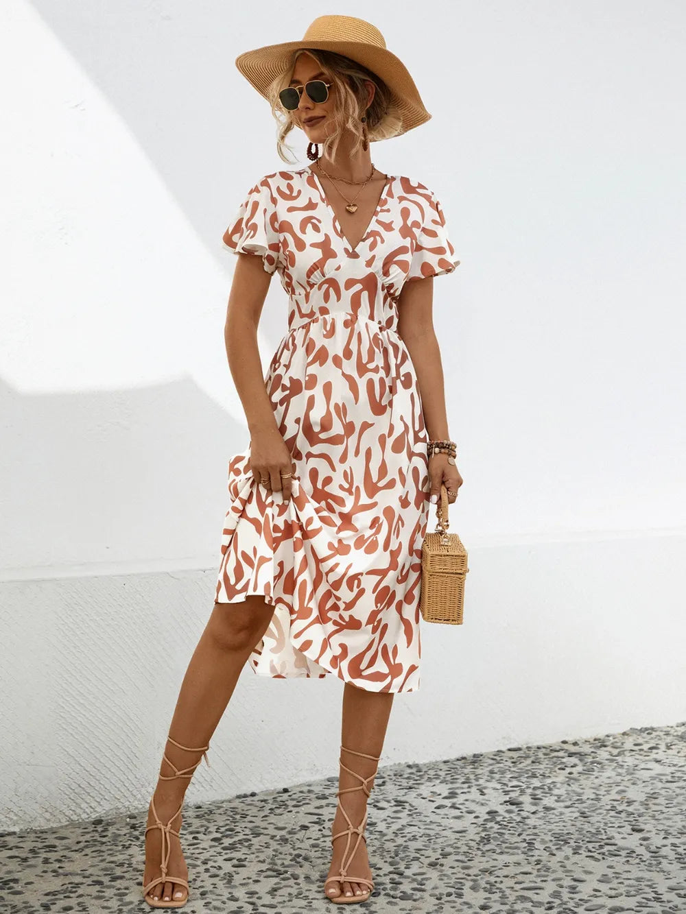 Printed V-neck Short Sleeve Dress (6)