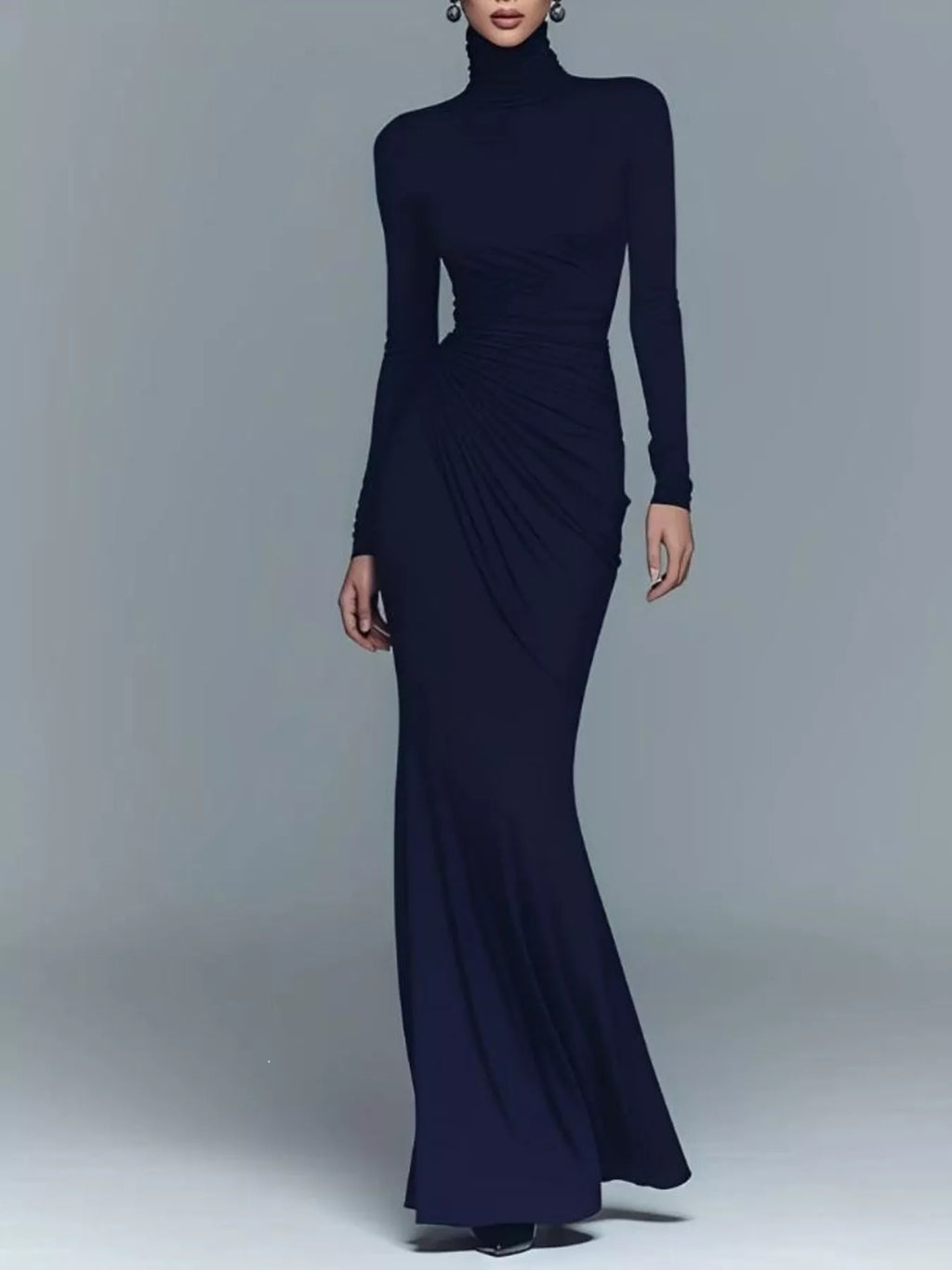 Turtleneck Long-sleeve Ruched Maxi Dress