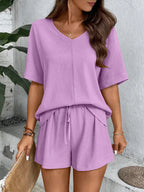 Relaxed Fit V-neck Top Shorts Two-piece Set (12)